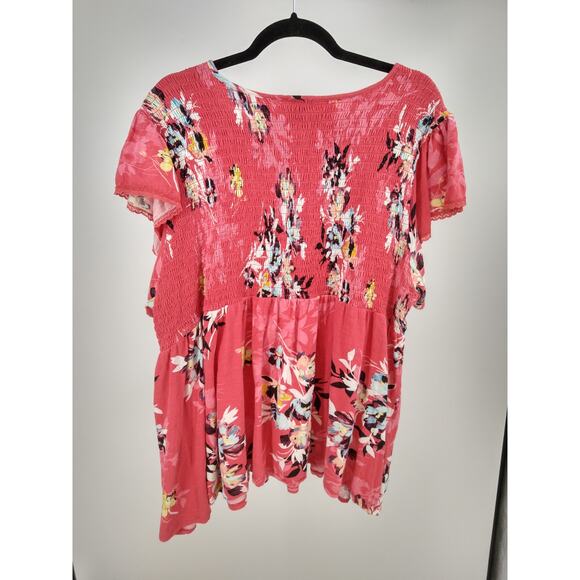 Torrid Babydoll Top Plus 5X Floral‎ Cotton Crew Neck Smocked Bodice Print Pink - Picture 7 of 9